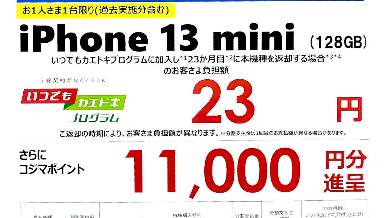 iPhone 13 mini 23円 11,000ポイント